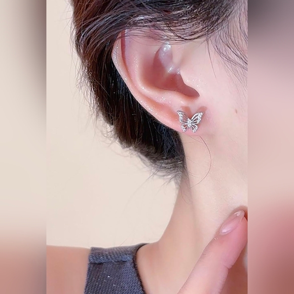Silver Butterfly Stud Earrings - Picture 2 of 6